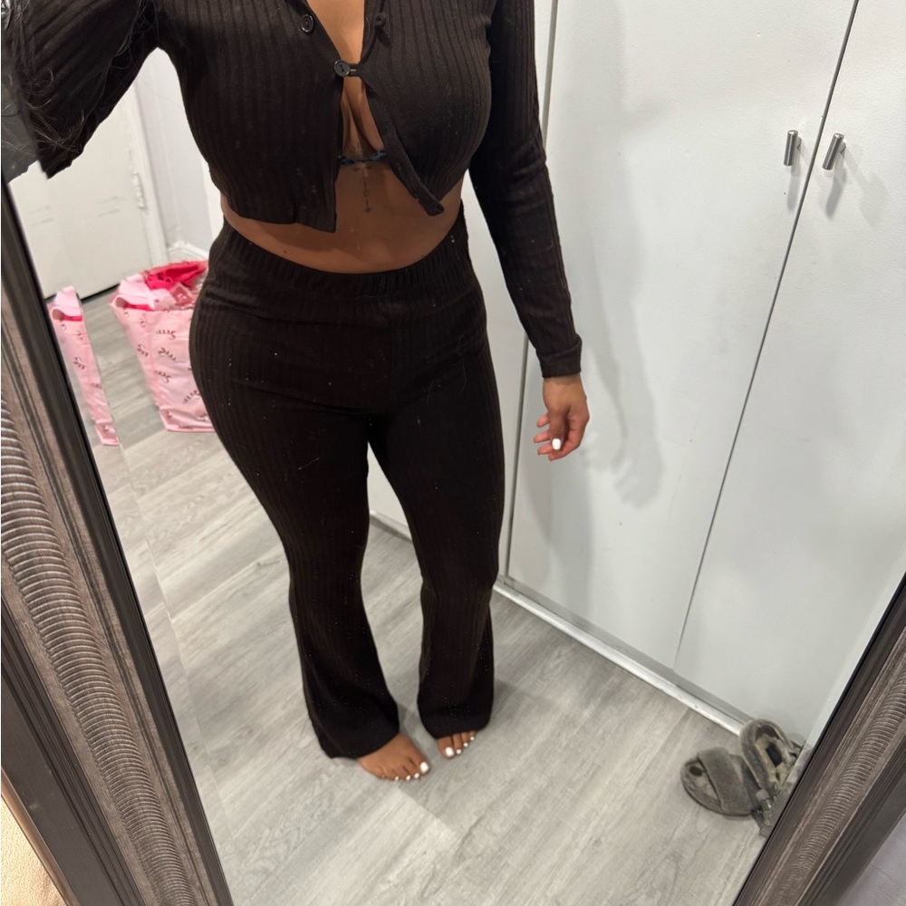 Brown Ribbed Women's Pant  Set